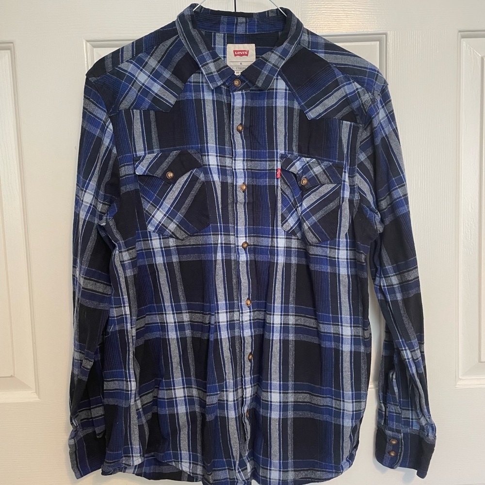 Levi’s Lightweight Flannel Button Down Collared Shirt, Blue/Black/White, XL